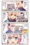  3girls :d animal bangs black_bow black_scarf blonde_hair blue_cardigan blue_eyes blue_sailor_collar blush bow brown_eyes brown_scarf caenis_(fate) can chalice checkerboard_cookie commentary_request computer cookie dark_skin dog earrings emphasis_lines eyebrows_visible_through_hair fate/grand_order fate_(series) food hair_between_eyes hair_bow hair_ornament hair_over_one_eye holding holding_can jewelry koha-ace laptop leaf_earrings miyamoto_musashi_(fate/grand_order) multiple_girls notice_lines okada_izou_(dog) okita_souji_(fate) okita_souji_(fate)_(all) open_mouth pink_hair ponytail profile rioshi sailor_collar scarf school_uniform serafuku shirt smile sweat v-shaped_eyebrows video_call white_hair white_shirt 
