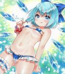  1girl 2023 :q arm_at_side artist_name ass_visible_through_thighs bare_shoulders bikini blue_bikini blue_bow blue_eyes blue_hair bow breasts cirno closed_mouth commentary_request cowboy_shot dated detached_wings dutch_angle food groin hair_bow hand_up holding holding_food holding_popsicle ice ice_wings looking_at_viewer marker_(medium) micro_bikini midriff navel nordic_niku popsicle short_hair simple_background small_breasts smile solo swimsuit thigh_strap tongue tongue_out touhou traditional_media underboob wings 