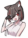  1girl :3 :d animal_ear_fluff animal_ears bandaged_arm bandages bare_shoulders black_gloves bob_cut breasts cat_ears collarbone collared_shirt colored_inner_animal_ears commentary_request cropped_torso dot_nose earrings fang fingerless_gloves gloves grey_hair hair_ornament hair_over_one_eye hairclip hand_up head_tilt highres jewelry looking_at_viewer looking_to_the_side medium_breasts morphling_(artist) multicolored_hair neneko_mashiro open_collar open_mouth pentagram raised_eyebrow red_eyes red_hair shirt short_hair simple_background sleeveless sleeveless_shirt smile solo stellive streaked_hair swept_bangs thick_eyelashes three_quarter_view virtual_youtuber white_background white_shirt 