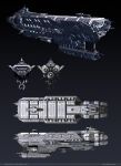  3d absurdres artist_name assault_ship_(eve_online) caldari_state_(eve_online) combat_ship_(eve_online) commentary concept_art cruiser_(eve_online) dark_background dlamont eve_online glowing grey_background grey_theme highres military_vehicle multiple_views no_humans original radio_antenna realistic science_fiction spacecraft thrusters turret vehicle_focus 