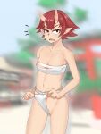  1girl adjusting_fundoshi asha ass_visible_through_thighs blurry blurry_background breasts commentary_request cowboy_shot expressionless fangs fundoshi highres horns japanese_clothes looking_at_viewer lower_teeth_only medium_bangs navel nipple_slip nipples notice_lines open_mouth original pointy_ears pussy red_eyes red_hair sarashi short_hair skin-covered_horns small_breasts solo teeth torii uncensored wardrobe_malfunction 