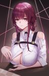  1girl absurdres bare_shoulders breasts cleavage collared_shirt commentary english_commentary gradient_background hair_between_eyes hair_intakes highres honkai:_star_rail honkai_(series) jin_mu_mulin kafka_(honkai:_star_rail) large_breasts long_hair looking_at_viewer open_clothes open_shirt parted_lips pink_background purple_eyes purple_hair shirt sidelocks smile solo steaming_body string white_shirt 