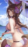  1girl 1yu_x absurdres animal_ears ass back bare_back bare_shoulders beach bikini blue_archive breasts brown_hair closed_mouth cowboy_shot day flower fox_ears fox_girl fox_tail from_behind hair_flower hair_ornament halo highres large_breasts long_hair looking_at_viewer looking_back median_furrow official_alternate_costume oil-paper_umbrella outdoors smile solo standing string_bikini swimsuit tail umbrella wakamo_(blue_archive) white_bikini yellow_eyes 