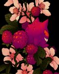  berry black_background blackberry_(fruit) flower food from_behind fruit gengar grin leaf looking_back minimized no_humans on_food plant pokemon pokemon_(creature) red_eyes red_light rii_abrego signature sitting smile white_flower 