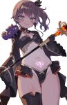  1girl alternate_costume animal_on_shoulder aqua_eyes ayaoshiro black_gloves black_panties black_shrug black_thighhighs black_tube_top breasts brown_hair commentary_request cowboy_shot crop_top frilled_sleeves frills from_below gloves glowing_tattoo gold_trim hair_ornament highres holding holding_staff hololive looking_at_viewer mahou_shoujo_holowitch! matsurisu natsuiro_matsuri one-piece_tan open_mouth paid_reward_available panties pubic_tattoo side_ponytail simple_background single_thighhigh small_breasts smile solo staff strapless tan tanlines tattoo teeth thighhighs thighs tube_top underwear upper_teeth_only v-shaped_eyebrows virtual_youtuber white_background 