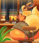  anthro ash_(void_dew) baked_goods bandage bandage_on_face bandage_on_nose beanie big_breasts big_butt big_tail blonde_hair bottomwear breasts butt cafe chair clothing container crop_top cup detailed_background eeveelution female flareon fluffy fluffy_tail furniture generation_1_pokemon hair hat headgear headwear hi_res holding_object huge_butt hyper hyper_butt jhenightfox leggings legwear looking_back napkin_holder neck_tuft nintendo open_mouth orange_body plant pokemon pokemon_(species) shirt shorts sitting solo surprised_expression tail topwear torn_clothing torn_leggings torn_legwear tree tuft window 