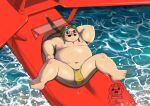 2023 aircraft airplane anthro aviator_cap belly big_belly bulge clothing detailed_background domestic_pig eyewear facial_hair feet hi_res kemono male mammal moobs mustache navel nipples overweight overweight_male porco_rosso porco_rosso_(character) shibaxiao solo suid suina sunglasses sus_(pig) underwear vehicle water