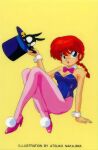  1990s_(style) 1girl artist_name blue_eyes blue_leotard bow bowtie braid braided_ponytail breasts cleavage crossed_legs detached_collar full_body genderswap genderswap_(mtf) hat high_heels highres holding holding_clothes holding_hat leotard long_hair nakajima_atsuko official_art open_mouth p-chan pantyhose pig piglet pink_bow pink_bowtie ranma-chan ranma_1/2 red_hair retro_artstyle simple_background single_braid strapless strapless_leotard top_hat unworn_hat unworn_headwear wrist_cuffs yellow_background 