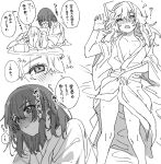  2girls alternate_costume blush breasts commentary_request drunk greyscale hakurei_reimu highres kirisame_marisa long_hair long_sleeves lying mero_(starfish_jcs) monochrome multiple_girls no_hair_bow on_back open_mouth sitting speech_bubble sweat touhou translation_request wide_sleeves yuri 