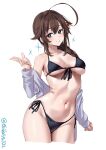  1girl ahoge artist_name bikini black_bikini blue_eyes blush braid breasts brown_hair collarbone cropped_legs ebifurya front-tie_bikini_top front-tie_top grey_shirt grin hair_between_eyes hand_up highres kantai_collection long_hair long_sleeves looking_at_viewer medium_breasts navel one-hour_drawing_challenge shigure_(kancolle) shirt side-tie_bikini_bottom sidelocks simple_background skindentation smile solo sparkle string_bikini swimsuit thighs twitter_username underboob white_background 