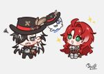  2boys :d argenti_(honkai:_star_rail) artist_name black_hair black_hat black_jacket black_pants blush boothill_(honkai:_star_rail) bright_pupils chibi clenched_teeth commentary cowboy_hat ear_piercing earrings frown full_body green_eyes grey_eyes hair_over_one_eye hand_on_own_hip hat hat_feather honkai:_star_rail honkai_(series) jacket jewelry long_hair male_focus milluun multicolored_hair multiple_boys open_mouth pants piercing red_hair sharp_teeth signature smile sparkle squiggle teeth twitter_username two-tone_hair white_hair white_pupils wubbaboo_(honkai:_star_rail) 