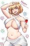  1girl alcohol arm_up armpit_crease blonde_hair blue_eyes blush breasts brown_dust_2 chocofl4n choker crop_top cup drinking_glass earrings english_text eyebrows_hidden_by_hair feet_out_of_frame groin hair_between_eyes happy_anniversary highres holding holding_cup jewelry justia_(brown_dust) large_breasts looking_at_viewer navel open_mouth short_hair signature simple_background skindentation skirt small_horns smile solo stomach teeth thick_eyebrows upper_teeth_only v white_background white_choker white_skirt wine wine_glass 