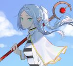  1girl black_stripes blue_sky breasts capelet closed_mouth cloud commentary day expressionless floating_hair frieren from_side green_eyes grey_hair hair_intakes high_collar highres holding holding_staff long_hair long_sleeves looking_at_viewer looking_to_the_side mage_staff outdoors over_shoulder pointy_ears shirt sidelocks sideways_glance sky small_breasts solo sousou_no_frieren staff straight_hair striped_clothes striped_shirt talnory thick_eyelashes turning_head twintails upper_body weapon weapon_over_shoulder white_capelet white_shirt 