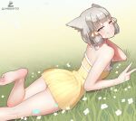  1girl :3 absurdres animal_ear_fluff animal_ears ass bad_leg bare_arms bare_legs bare_shoulders barefoot blush breasts brown_eyes closed_mouth commentary dress english_commentary fang fangs feet flower foot_out_of_frame from_side grass grey_hair highres kneepits legs looking_at_viewer looking_to_the_side lying nia_(fancy_sundress)_(xenoblade) nia_(xenoblade) on_stomach sleeveless sleeveless_dress small_breasts smile soles solo toes white_flower xenoblade_chronicles_(series) xenoblade_chronicles_2 yellow_dress zambonito 