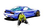  1boy blue_car blue_eyes blue_hair car corrupted_twitter_file green_sweater grey_pants highres jewelry kouki_(ky1202281) male_focus mazda mazda_rx-7 mazda_rx-7_fd motor_vehicle necklace original pants shadow shoes simple_background sitting sneakers solo spoiler_(automobile) sports_car sweater vehicle_focus white_background white_footwear 