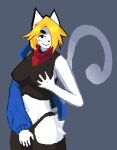  absurd_res anthro big_breasts big_tail blonde_hair blue_clothing blue_hoodie blue_topwear blush breast_grab breasts clothing digital_media_(artwork) ears_up felid female fur fuseadrift grey_background hair hand_on_breast hi_res hoodie mammal meowers pixel_(artwork) red_scarf scarf simple_background smile solo tail thick_thighs topwear white_body white_fur wide_hips 