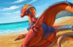 akineza anthro beach blue_eyes breasts butt claws clothed clothing day detailed_background dragon european_mythology eztli_(user_55) female hair horn looking_at_viewer mythological_creature mythological_scalie mythology non-mammal_breasts outside red_body sand scalie seaside shoreline sky smile solo swimwear tail water western_dragon winged_arms wings wyvern