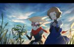  1boy 1girl black_eyes blonde_hair blue_dress blurry blurry_foreground bokura_no_taiyou breasts brown_hair django_(boktai) dress green_eyes h_jyo_ch highres lita_(boktai) long_hair medium_breasts nature outdoors red_scarf scarf smile 