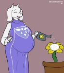 2024 5_fingers absurd_res anthro belly big_belly big_breasts boss_monster_(undertale) bovid breasts caprine clothed clothed_anthro clothed_female clothing dress dweevil eyes_closed female fingers flower fur goat hi_res horn humanoid_hands mammal mayternity_2024 open_mouth open_smile plant pregnant pregnant_anthro pregnant_female signature smile solo standing toriel undertale_(series) watering watering_can white_body white_fur