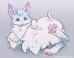  4_toes canid canine canis elronya fan_character feet feral fluffy fluffy_tail fox fur looking_at_viewer mammal pawpads paws simple_background smile tail toes white_background white_body white_fur 