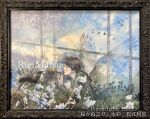  1girl angel angel_wings bird black_hair blue_sky branch cloud cloudy_sky crow day flower long_hair original painting_(medium) picture_frame ponytail rie_matsue sky solo traditional_media watercolor_(medium) white_flower wings 