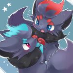  alternate_color animal_focus black_fur blue_eyes blue_fur blush choko_(sweetpocket) closed_mouth fang grey_hair highres looking_at_another no_humans open_mouth pawpads pokemon pokemon_(creature) red_eyes red_fur red_hair shiny_pokemon smile two-tone_fur zorua 