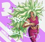  1girl abs absurdres artist_name breasts crop_top dragon_ball dragon_ball_super earrings english_commentary green_hair highres jewelry kefla_(dragon_ball) krello_png looking_at_viewer midriff muscular muscular_female pants potara_earrings purple_tank_top saiyan smile solo spiked_hair super_saiyan super_saiyan_3 tank_top 