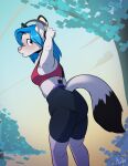  anthro arzdin canid canine diaper diaper_under_clothing electronics female fox headphones jogging looking_at_viewer mammal outside plant runner solo sportswear tree 