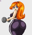  1girl ass black_sports_bra blue_eyes breasts earrings exercising from_behind highres holding_dumbbell huge_ass jewelry large_breasts long_hair looking_at_viewer looking_back mona_(warioware) non-web_source open_mouth orange_hair pants smile solo sports_bra stud_earrings warioware yoga_pants 