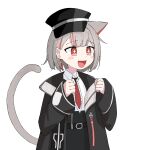  1girl :d absurdres animal_ears belt black_belt black_coat black_hat black_skirt blush_stickers bob_cut cat_ears cat_girl cat_tail clenched_hands coat collared_shirt colored_inner_animal_ears commentary_request dot_nose drop_earrings ear_piercing earrings extra_ears fang frilled_necktie grey_hair hair_behind_ear hands_up hat highres jewelry looking_ahead morphling_(artist) multicolored_hair necktie neneko_mashiro open_clothes open_coat open_mouth peaked_cap piercing raised_eyebrows red_eyes red_hair red_necktie shirt short_hair sideways_hat simple_background skin_fang skirt sleeves_past_wrists smile solo star-shaped_pupils star_(symbol) stellive streaked_hair symbol-shaped_pupils tail tail_raised three_quarter_view upper_body virtual_youtuber white_background white_shirt 