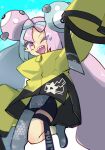  1girl ;d black_shorts blue_hair bow-shaped_hair character_hair_ornament eyelashes grey_pantyhose hair_ornament highres iono_(pokemon) jacket leg_up long_hair long_sleeves looking_at_viewer multicolored_hair one_eye_closed open_mouth pantyhose pink_eyes pink_hair pokemon pokemon_sv sharp_teeth shorts single_leg_pantyhose sleeves_past_fingers sleeves_past_wrists smile solo sstoh teeth thigh_strap twintails two-tone_hair upper_teeth_only very_long_hair yellow_jacket 