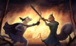  anthro clothed clothing domestic_ferret female fight hi_res mammal medieval melee_weapon mr.solar mustelid musteline princess_kurda redwall rodent sciurid sword swordfight tree_squirrel triss_(redwall) true_musteline weapon weasel 
