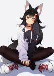  1girl animal_ear_fluff animal_ears black_choker black_hair black_hoodie black_pantyhose brown_eyes choker full_body glasses grey_background hair_flaps hair_ornament highres hololive hood hood_down hoodie indian_style long_hair long_sleeves looking_at_viewer multicolored_clothes multicolored_hair ookami_mio ookami_mio_(casual) pantyhose red_hair shoes sitting smile sneakers solo streaked_hair tail uni_(maru231) very_long_hair virtual_youtuber white_footwear white_hoodie wolf_ears wolf_girl wolf_tail 