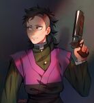  1boy arm_at_side artist_name black_hair black_jacket finger_on_trigger grey_background gun hand_up highres holding holding_gun holding_weapon jacket kimetsu_no_yaiba lavelis layered_clothes layered_sleeves long_sleeves looking_to_the_side male_focus pink_shirt scar scar_on_cheek scar_on_face shadow shinazugawa_genya shirt short_over_long_sleeves short_sleeves solo undercut upper_body weapon 