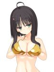 1girl :/ ahoge alternate_costume bare_arms bikini black_hair blunt_ends blush breast_lift breasts cleavage closed_mouth collarbone commentary_request curvy eyes_visible_through_hair frown gold_bikini green_eyes hair_between_eyes hair_ornament hairclip halterneck hands_up highres hitachi_mako large_breasts looking_to_the_side midriff navel senren_banka shirayamakoma short_hair_with_long_locks shy simple_background skindentation solo sweatdrop swimsuit tsurime upper_body white_background x_hair_ornament 