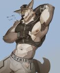  2024 abs absurd_res anthro areola armpit_hair belt blue_background body_hair bottomwear bulge canid canine canis clothed clothing clothing_pull crop_top detailed_bulge ear_piercing ear_ring english_text epic_games erection erection_under_clothing eyebrows fortnite fur genital_outline hand_behind_head hat headgear headwear hi_res looking_at_viewer male mammal muscular muscular_anthro muscular_male navel nipple_slip nipples pants pecs penis_outline piercing ring_piercing shirt simple_background smile solo standing talking_to_viewer text topwear tuft vest vinstacc wendell_(fortnite) wolf 