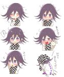  ! 1boy ^_^ arm_belt arms_behind_head belt black_scarf buttons checkered_clothes checkered_scarf chibi closed_eyes commentary_request cross-laced_jacket danganronpa_(series) danganronpa_v3:_killing_harmony embarrassed fang flying_sweatdrops from_behind grin hair_between_eyes hand_on_own_cheek hand_on_own_chin hand_on_own_face highres holding holding_clothes holding_scarf jacket looking_to_the_side loose_hair_strand male_focus medium_hair motion_lines multiple_belts multiple_views nervous_smile nervous_sweating oma_kokichi open_belt outstretched_hand palms pants purple_footwear purple_hair scarf shoes simple_background skin_fang sleeves_past_wrists smile spoken_exclamation_mark sweat thigh_belt thigh_strap translation_request trembling two-tone_scarf v-shaped_eyebrows wavy_mouth white_background white_belt white_jacket white_pants white_scarf white_sleeves yomoda_(7taizai7bitoku) 