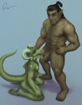  5_fingers anthro argonian balls biped duo fingers foreskin genitals glans green_body hair hi_res horn humanoid humanoid_genitalia humanoid_on_anthro humanoid_penis humanoid_pointy_ears interspecies licking male male/male oral orc penile penis penis_lick rov scalie sex tail the_elder_scrolls tongue tusks 