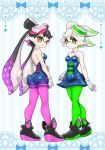 2girls ankle_boots bare_shoulders black_footwear black_hair blue_dress blue_jumpsuit boots bow-shaped_hair breasts callie_(splatoon) cleavage cousins covered_navel cross-shaped_pupils detached_collar dress earrings food food_on_head gloves gradient_hair green_hair green_pantyhose grey_hair highres inkling jewelry jumpsuit koharu2.5 marie_(splatoon) multicolored_hair multiple_girls object_on_head pantyhose pink_pantyhose pointy_ears purple_hair red_pupils short_dress short_eyebrows short_jumpsuit splatoon_(series) splatoon_1 strapless strapless_dress symbol-shaped_pupils tentacle_hair two-tone_hair white_gloves yellow_eyes 