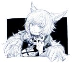  1girl animal_ears black_background blue_eyes breasts brooch cat_ears claw_ring cleavage dated feather_hair_ornament feathers final_fantasy final_fantasy_xiv fur_trim hair_ornament hand_up hatching_(texture) itowo_(itowc) jewelry looking_at_viewer miqo&#039;te monochrome portrait ring short_hair signature simple_background slit_pupils smile solo two-tone_background white_background y&#039;shtola_rhul 