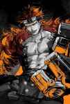  2023 abs coat commentary_request dated eustass_kid fangs fur_coat goggles goggles_on_head highres jyukawa looking_at_viewer male_focus muscular muscular_male navel one_piece orange_eyes orange_theme pants pectorals prosthesis prosthetic_arm red_hair scar scar_on_face short_hair solo teeth 
