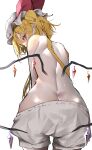  1girl absurdres ass back blonde_hair bloomers cowboy_shot crystal flandre_scarlet hat highres long_hair looking_at_viewer looking_back mob_cap pointy_ears red_eyes side_ponytail simple_background solo sweat touhou tsune_(tune) white_background white_bloomers white_hat wings 