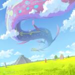  1boy aztec_architecture blue_sky cloud day flying grass highres katou_oswaldo monster original outdoors pre-columbian_architecture pyramid_(structure) scenery sky spacesuit standing 