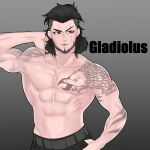  1boy abs absurdres arm_behind_head asha belt black_hair black_pants brown_eyes character_name collarbone commentary_request final_fantasy final_fantasy_xv gladiolus_amicitia gradient_background grey_background grey_belt highres male_focus medium_hair muscular muscular_male nipples pants pectorals shoulder_tattoo solo tattoo topless_male undercut upper_body v-shaped_eyebrows 
