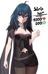  1girl absurdres black_shorts blue_eyes blue_hair breasts byleth_(female)_(fire_emblem) byleth_(fire_emblem) cleavage cloak clothing_cutout cowboy_shot fire_emblem fire_emblem:_three_houses highres looking_at_viewer medium_breasts meme navel navel_cutout pantyhose pantyhose_under_shorts short_shorts shorts simple_background solo twitter_strip_game_(meme) white_background x_xith_x 