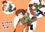 anthro bandai_namco blush brown_body brown_feathers brown_hair claws clothing digimon digimon_(species) digimon_survive duo falcomon falcomon_(survive) feathers feet green_eyes grin hair hi_res hug human jacket japanese_text male male/male mammal minoru_hyuga mofumi_corvus size_difference smile talons text toes topwear