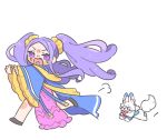  1girl anko_omotimoti chinese_clothes crying crying_with_eyes_open fate/grand_order fate_(series) fou_(fate) full_body hanfu long_hair open_mouth purple_eyes purple_hair running scared simple_background tears very_long_hair white_background wu_zetian_(fate) 