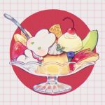  apple apple_slice banana banana_slice blueberry bowl cherry circle conago food food_focus fruit glass_bowl green_eyes grey_background grid_background ice_cream ice_cream_cone light_blush no_humans original pudding rabbit simple_background spoon strawberry waffle_cone whipped_cream 