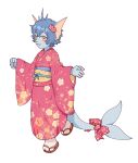  3_toes 5_fingers alpha_channel anthro asian_clothing black_nose blue_body blue_hair bow_ribbon clothing east_asian_clothing eeveelution feet female fin fingers flower footwear generation_1_pokemon hair hi_res japanese_clothing kimono nintendo open_mouth plant pokemon pokemon_(species) robe ruka_vaporeon sandals simple_background socks solo toes transparent_background unknown_artist vaporeon yellow_eyes 