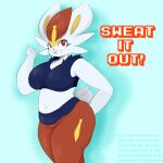  anthro belly big_breasts breasts cinderace curvy_figure female generation_8_pokemon hi_res lagomorph looking_at_viewer mammal navel nintendo pinup plantedpot pokemon pokemon_(species) pose simple_background slightly_chubby solo text thick_thighs voluptuous voluptuous_female wide_hips 